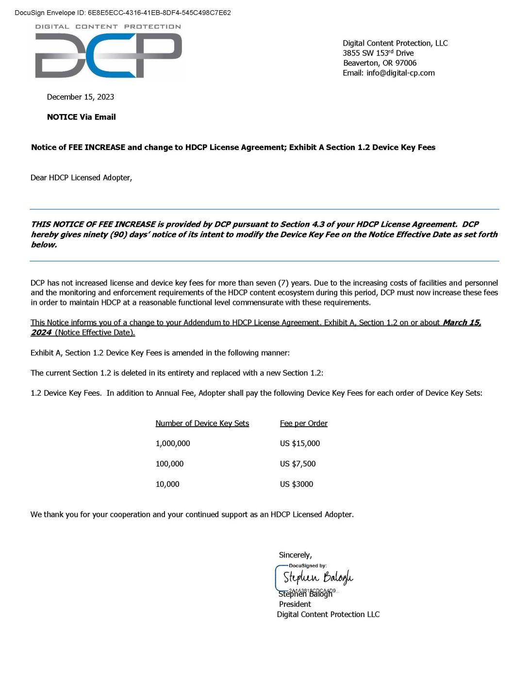 Key Fee Increase Notice