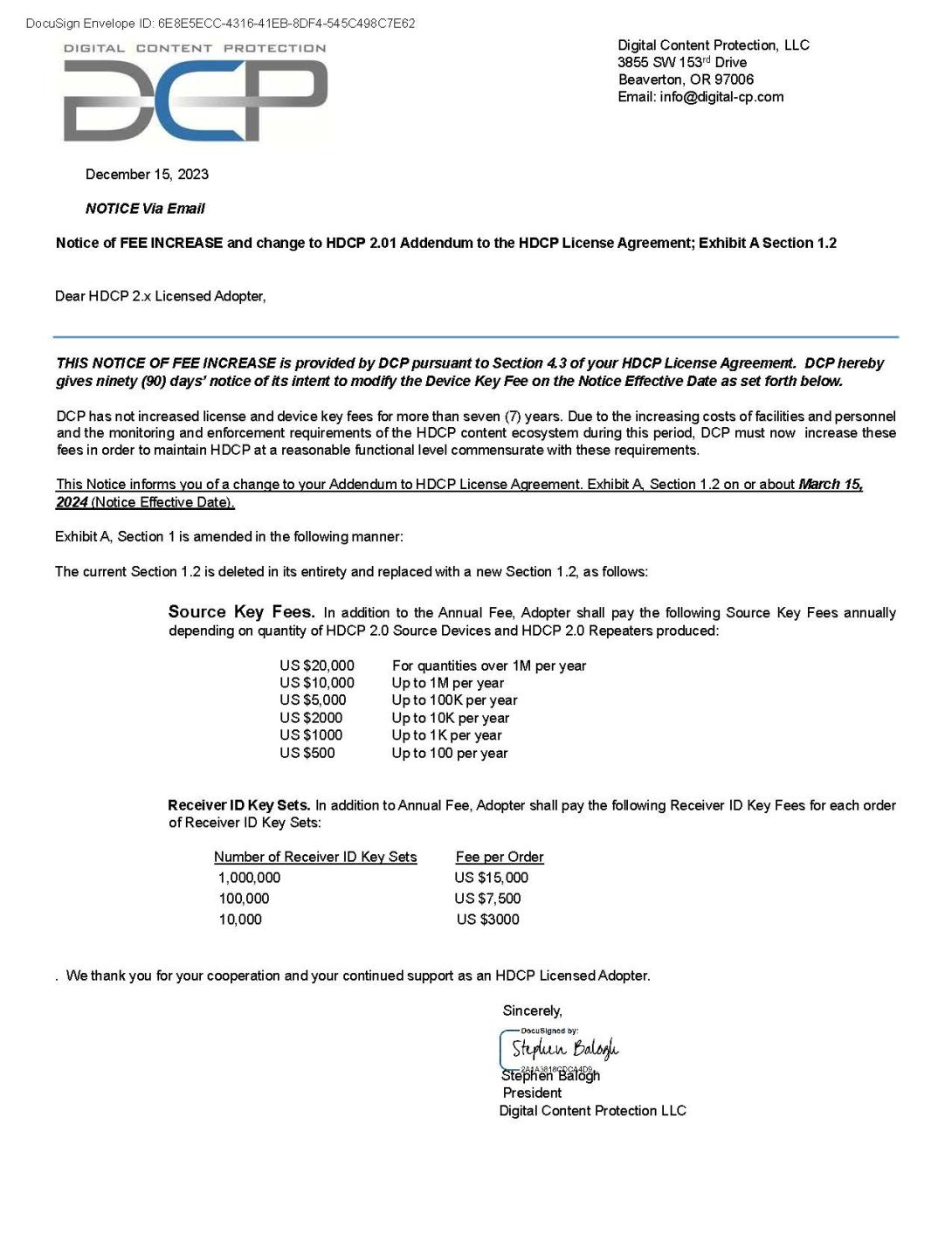 HDCP 2.x Key Fee Increase Notice